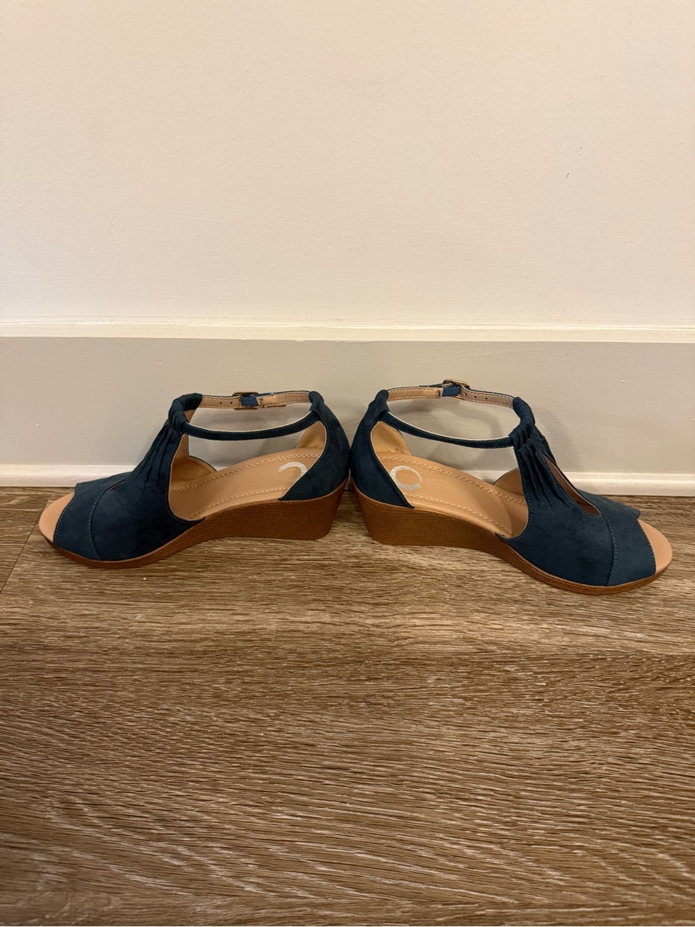 Women's Navy T-Strap Wedge Sandals